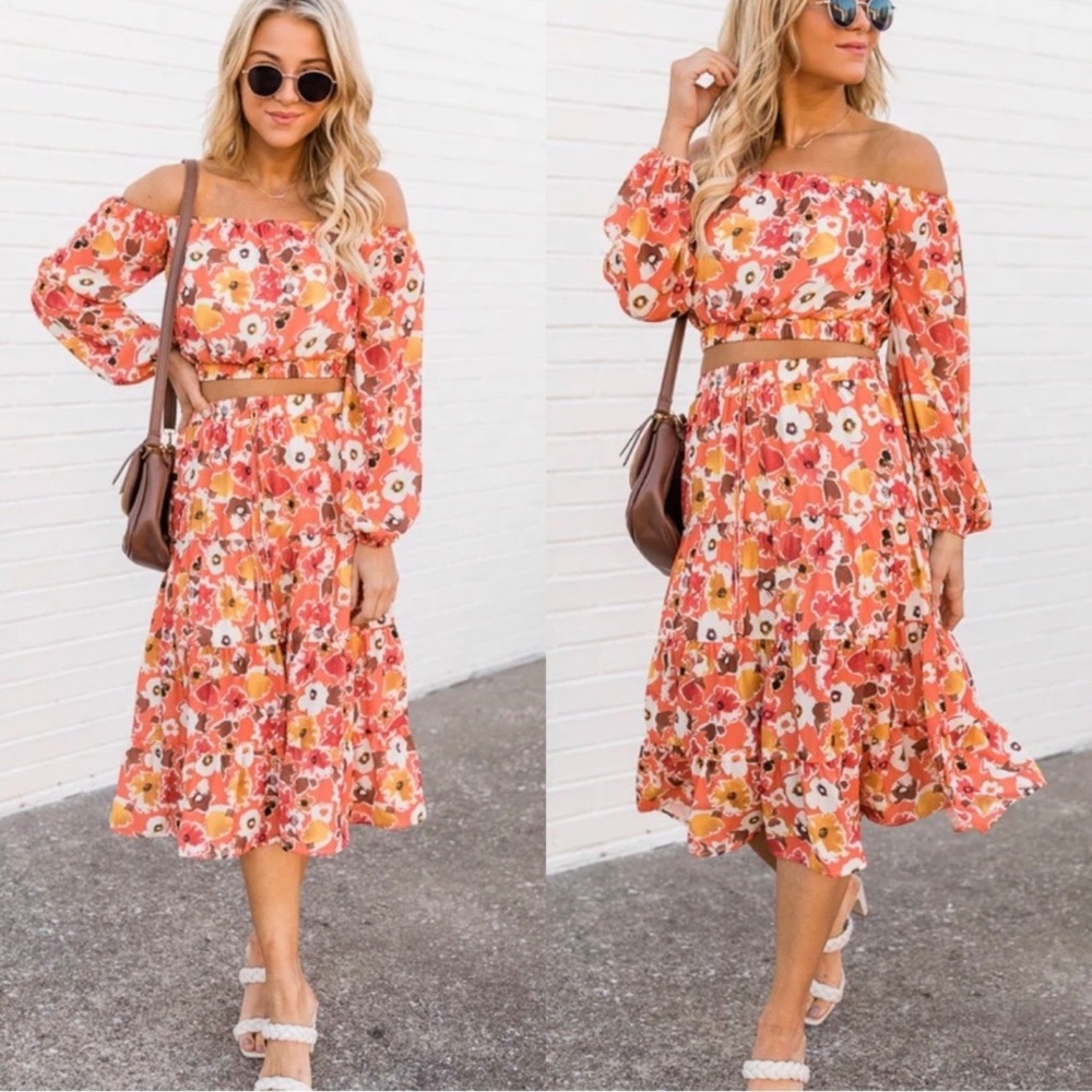 Pink Lily Coral Floral Off-Shoulder Midi Dress